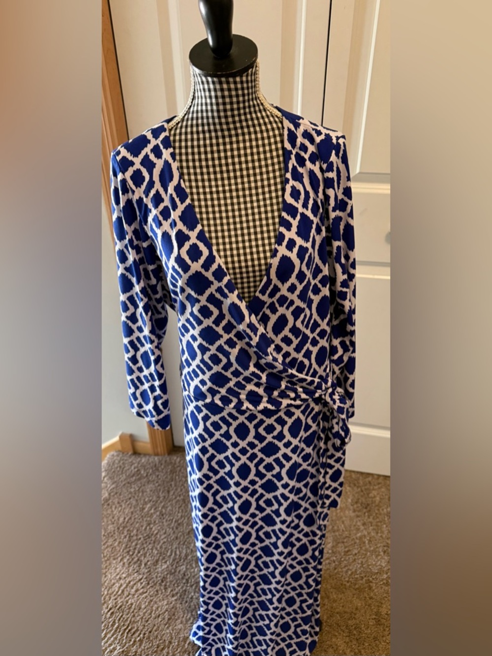 Studio Blue and White Geometric Wrap Maxi  Dress